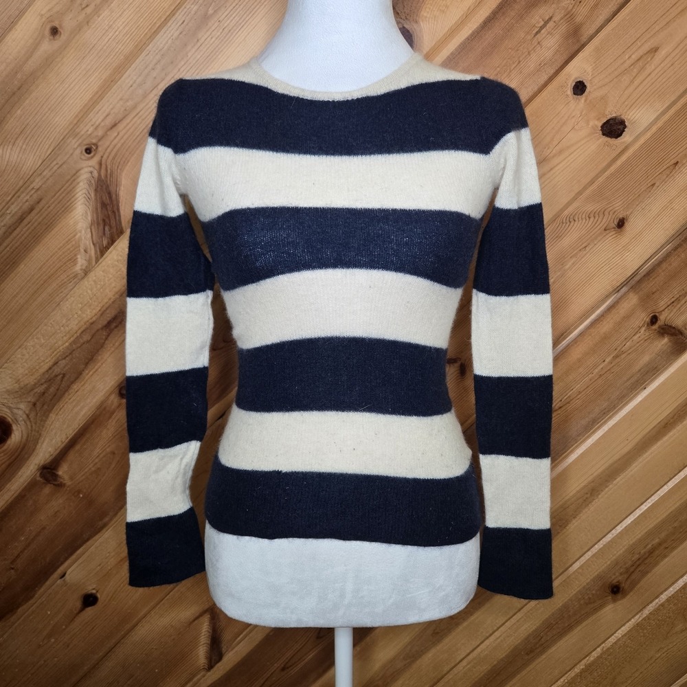Minnie Rose Blue+Beige 100% Cashmere Striped Pullover Sweater‎ Size XS